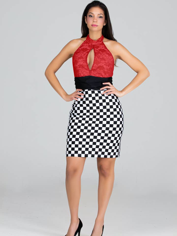 Women's Red Lace Halter, Black & Checkered Skirt Dress for wholesale by Fever1 Fashion