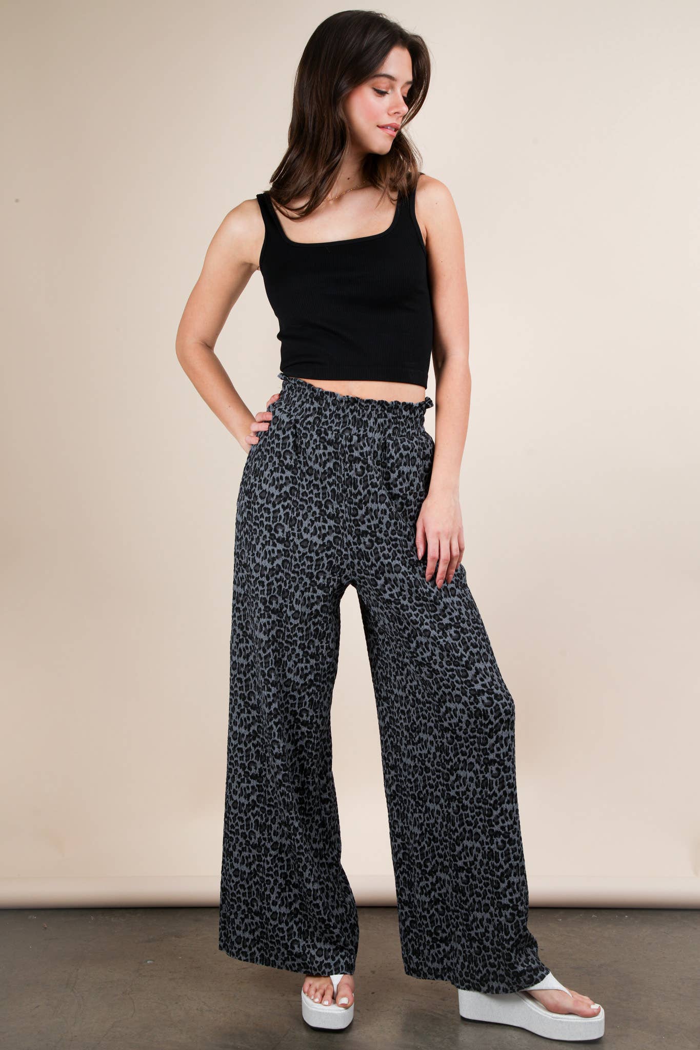 VERY J - Wholesale Pants - Women's - NP70826-Leopard Print & Solid Wide Leg Pleated Pants15
