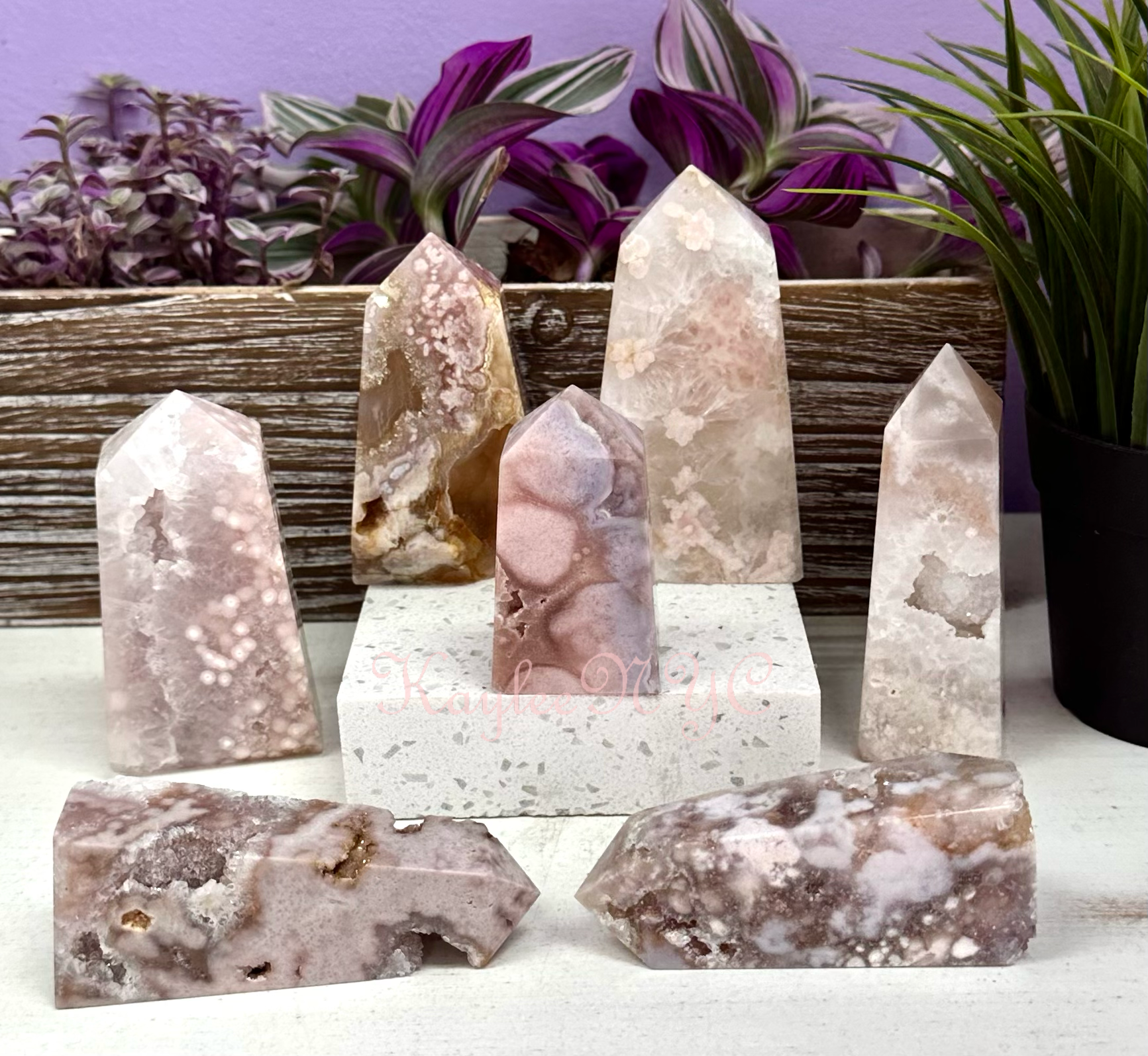 KayleeNYC – wholesale Spiritual stone/crystal – 3 Lbs Natural Pink Amethyst with Flower Agate Obelisk Tower1