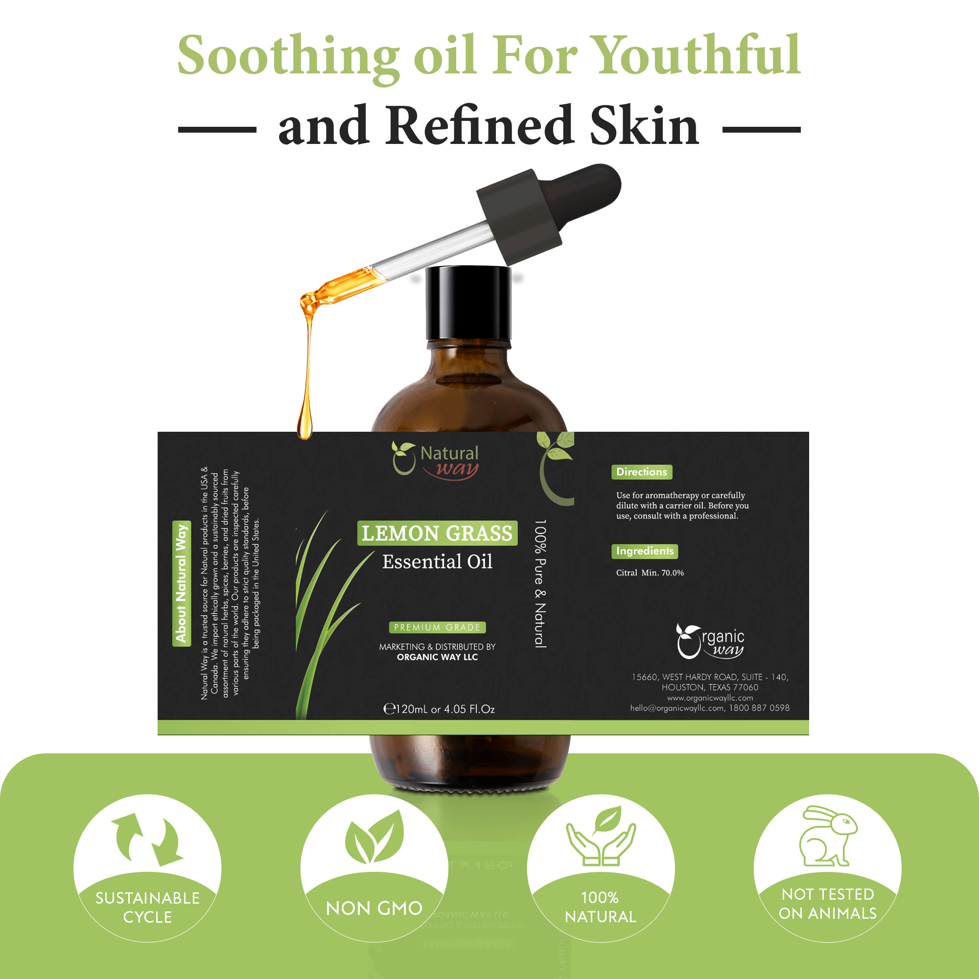 Organic Way LLC – wholesale Essential oil – Natural Way Lemongrass Essential Oil | Premium Grade Essential Oils for Hair Care, Oil for Skin, Aromatherapy, & Diffuser | Essential Oil for Hair, Massage Oil & Humidifier Use | 4 Fl Oz (120 mL)1