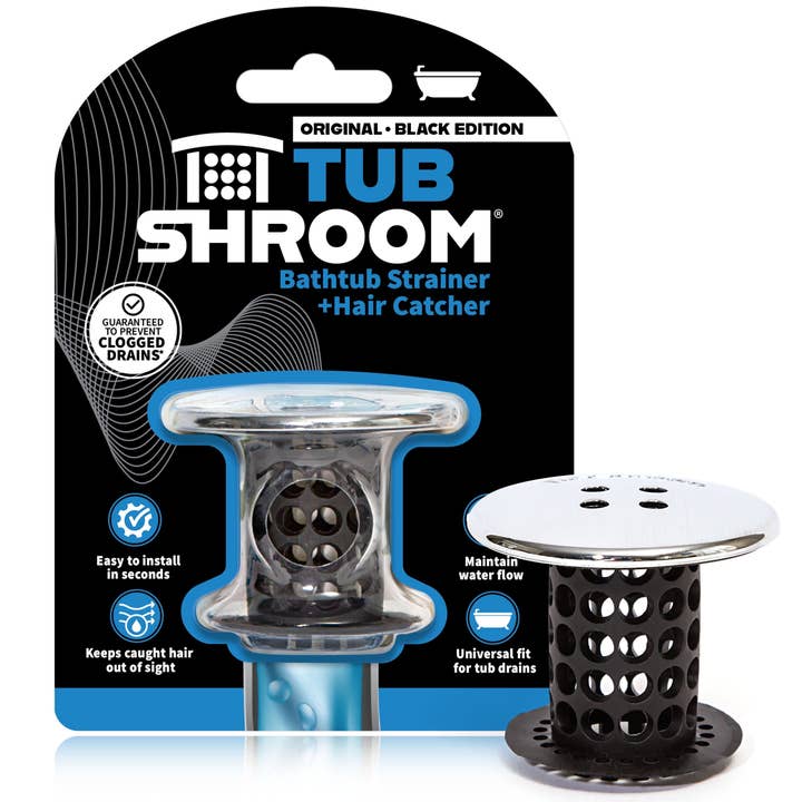 TubShroom® (chrome noir) — le récupérateur de cheveux qui empêche l’obstruction des canalisations de baignoire. pour la vente par TubShroom