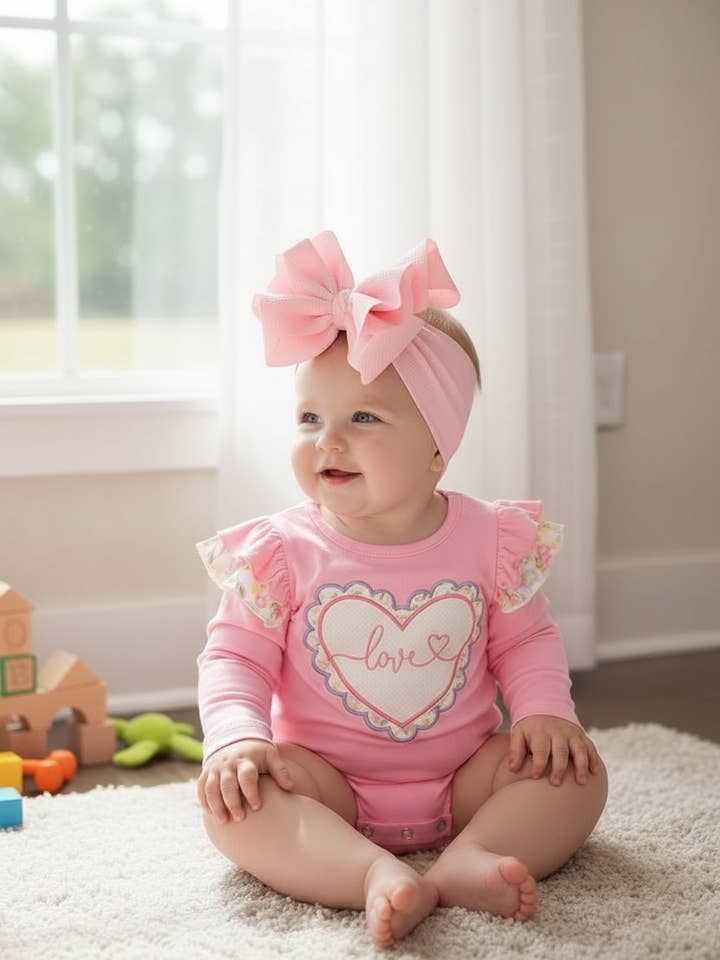 Kids Charm Online - Wholesale Bodysuit (Non-Footed) - Baby - Pink Love, heart applique baby onesie with ruffle butt. RPG60025 JEAN