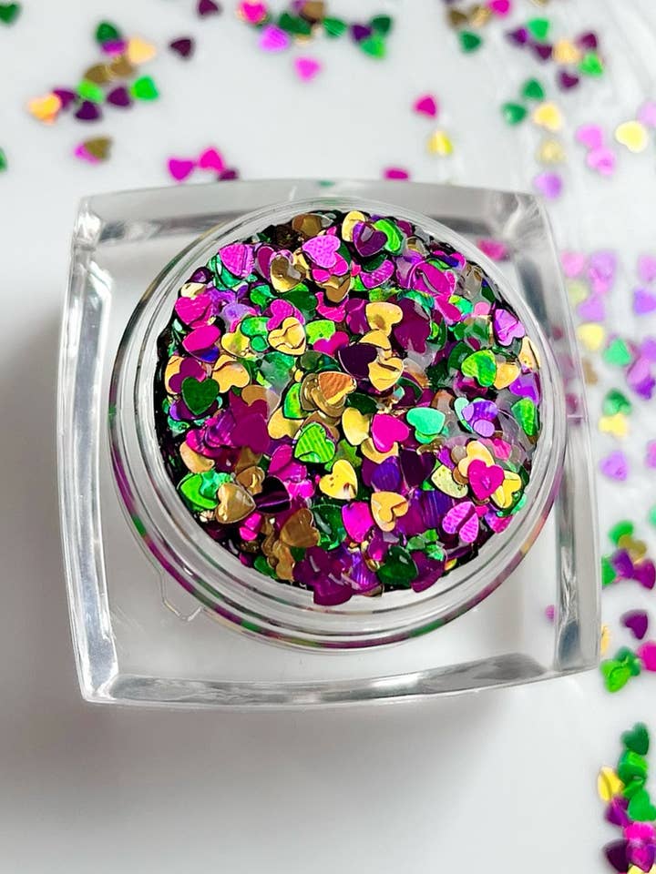 Mardi Gras Heart Face and Body Glitter for wholesale by Nola Glitter Goddess