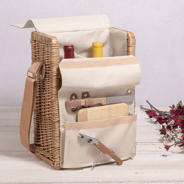 Beige Canvas Corsica Wine & Cheese Picnic Basket for wholesale on Faire13