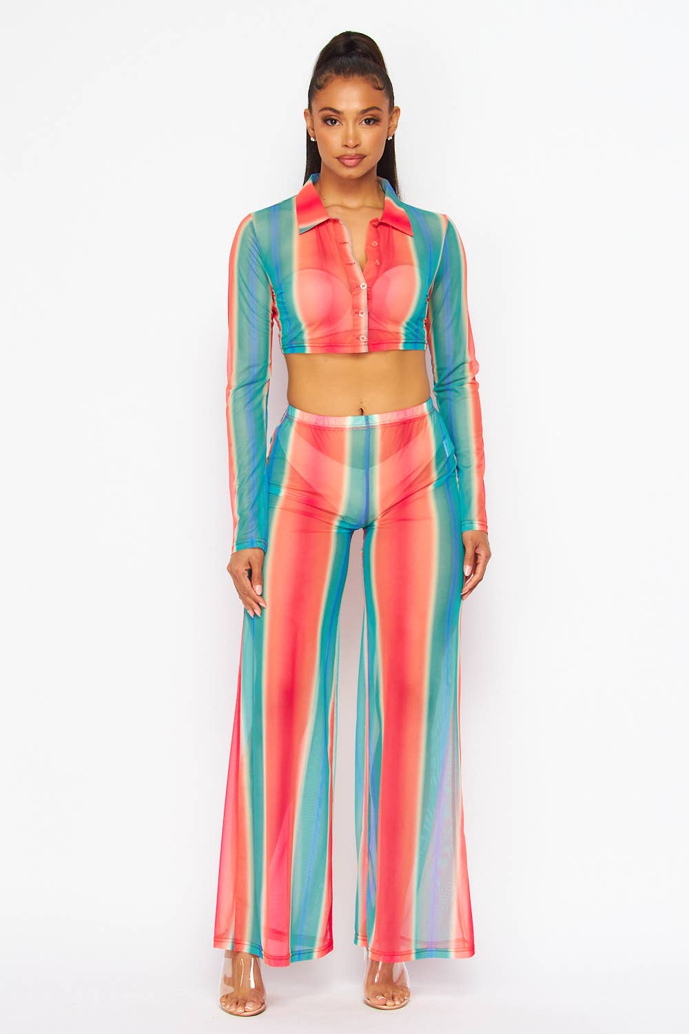 VERT CORAIL Joli ensemble haut court transparent et pantalon large arc-en-ciel (HDC30356) en vente sur Faire4