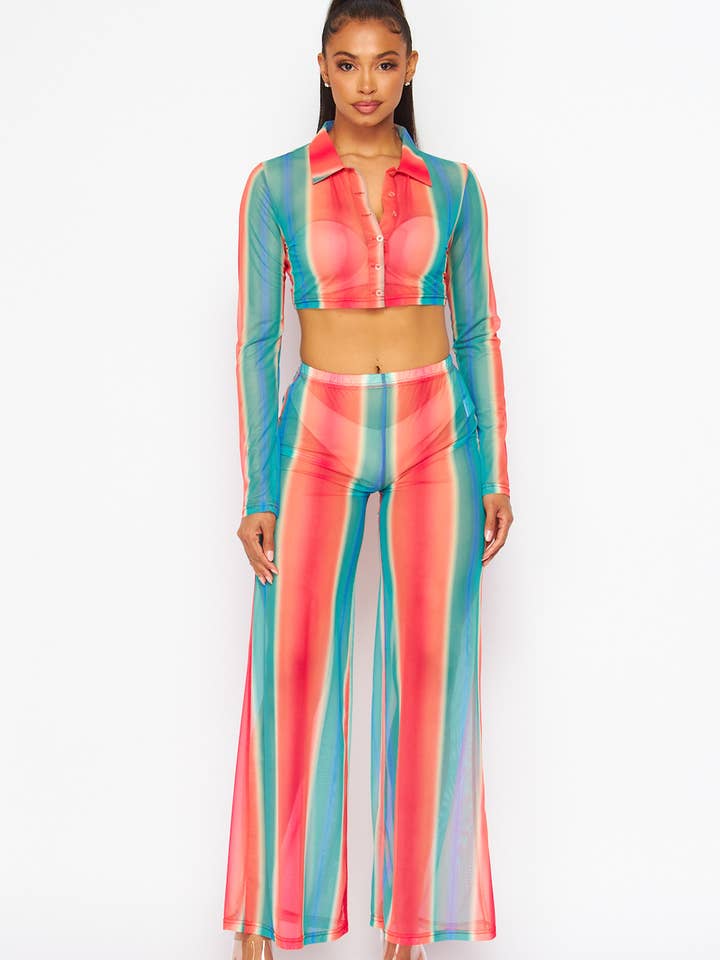 VERT CORAIL Joli ensemble haut court transparent et pantalon large arc-en-ciel (HDC30356) en vente sur Faire4