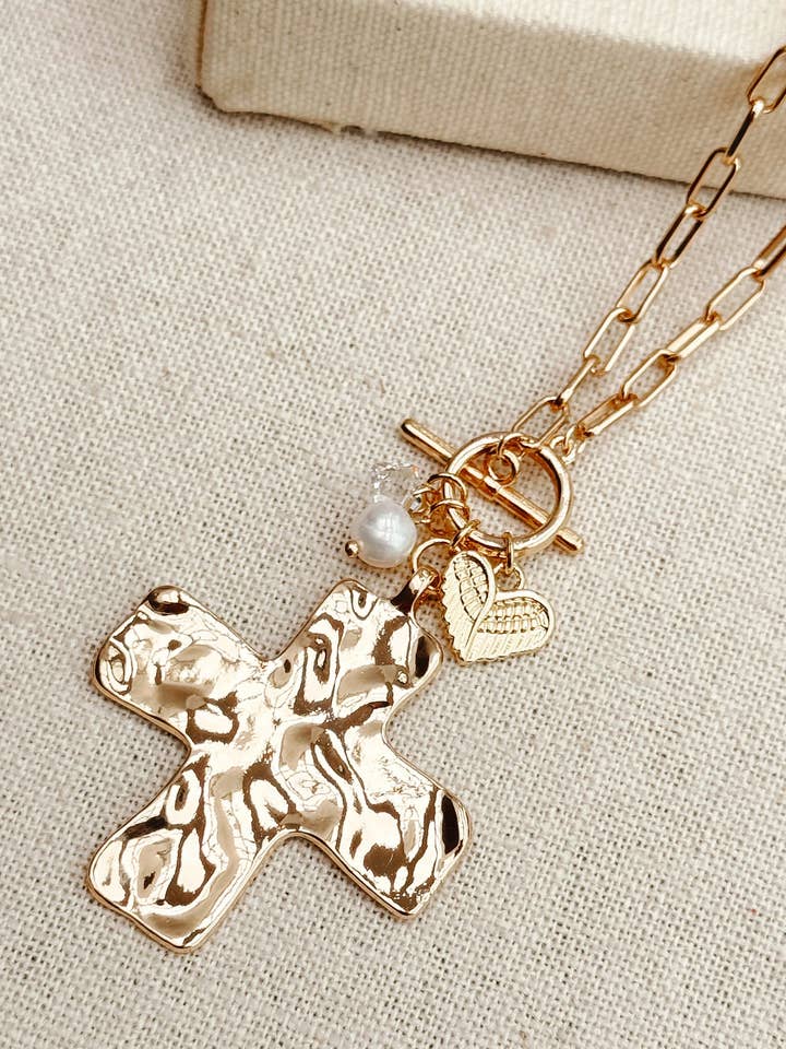 Swarovski Crystal Angel Wing Cross Charm Necklace with Pearl for wholesale by Gracie Rose Designs