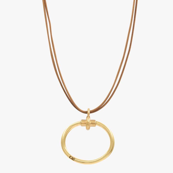 Collier en cuir camel tanné aux plantes et plaqué or pour la vente par CXC