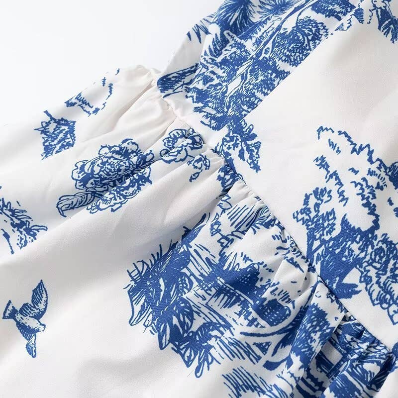 Blue Floral Toile print strappy dress w open back bow tie for wholesale on Faire4