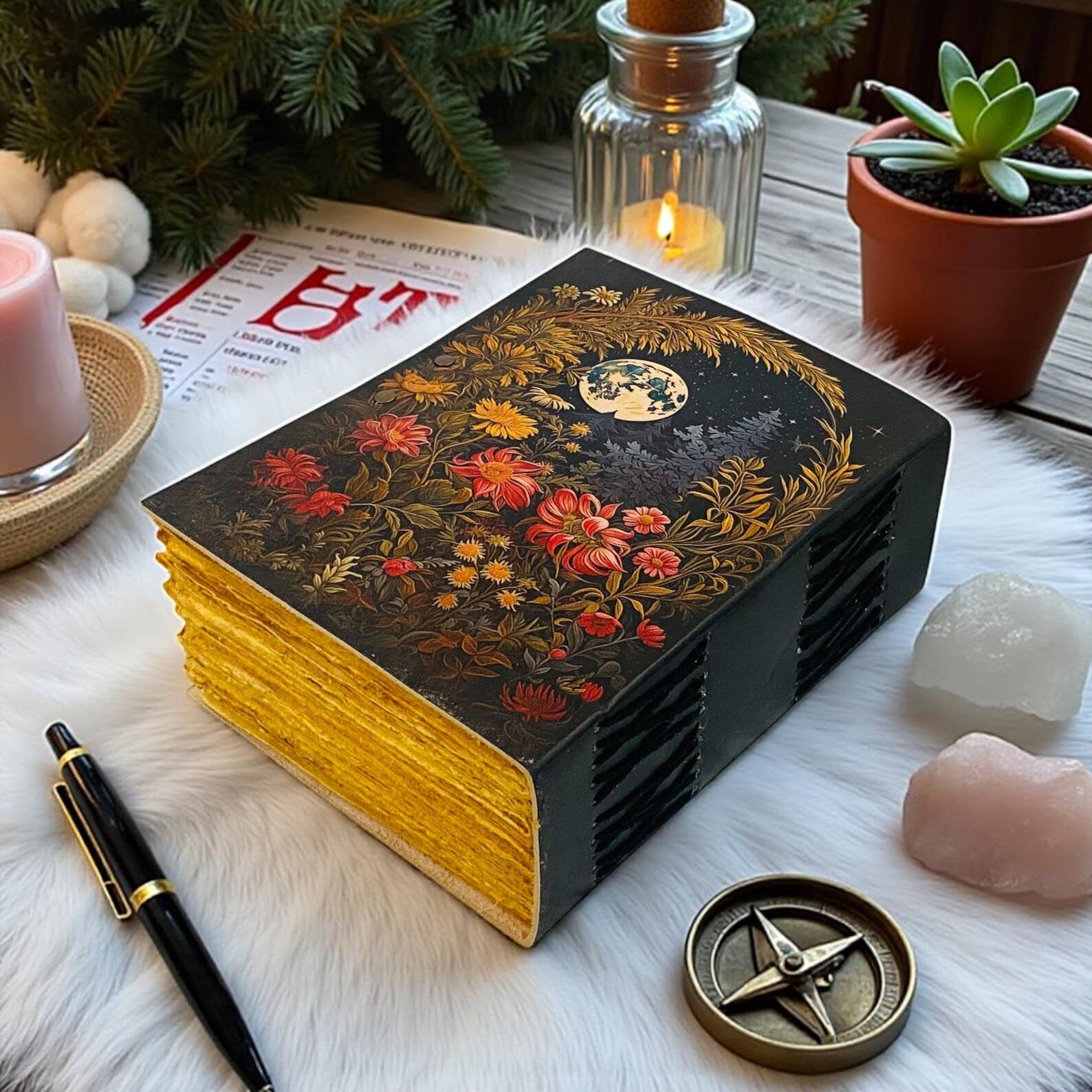 MNM HANDICRAFTS - Wholesale Dagboek/agenda - Handgemaakt Leren Dagboek met Maan Bloemen Kerstcadeau4