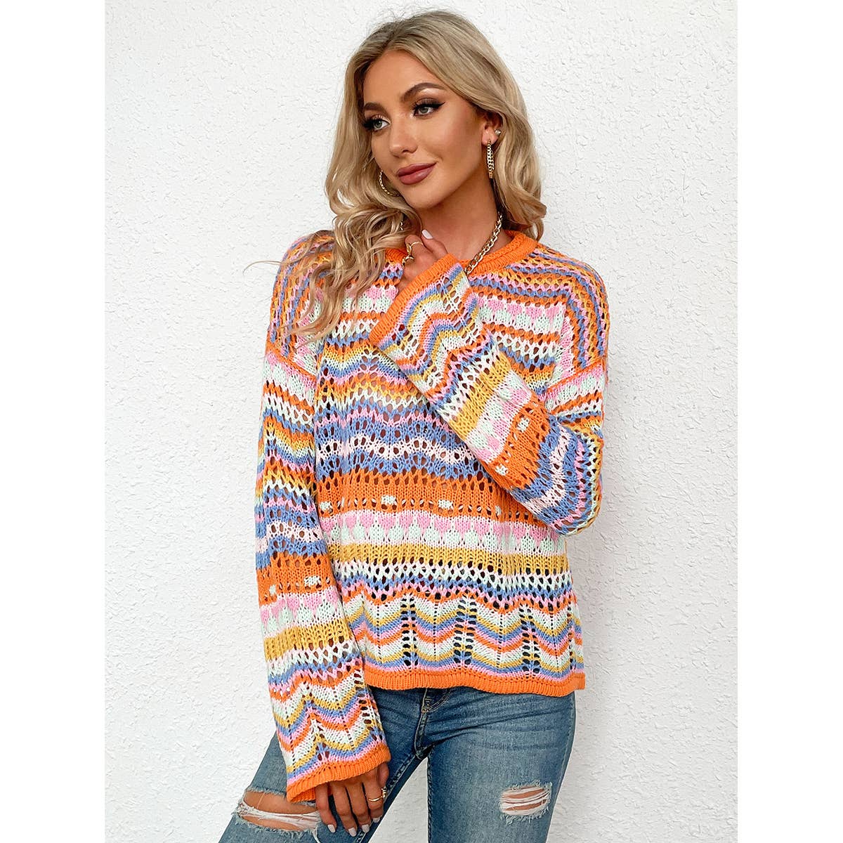 YNIQUE – Engroshandel Pullover - Dame – Kvinders stribe langærmet rund hals sweater toppe9