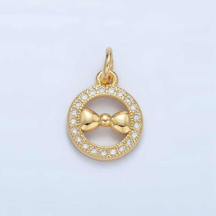 24K Gold Filled Ribbon Bow Open Micro Paved CZ Round Charm | X295 for wholesale by Aim Eternal