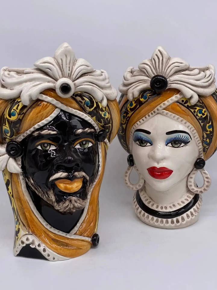 Moorish Moor's Heads Caltagirone Ceramic cm H.28 L.19 Artisan Decoration 2020 Orange for wholesale by DD Ceramiche Siciliane