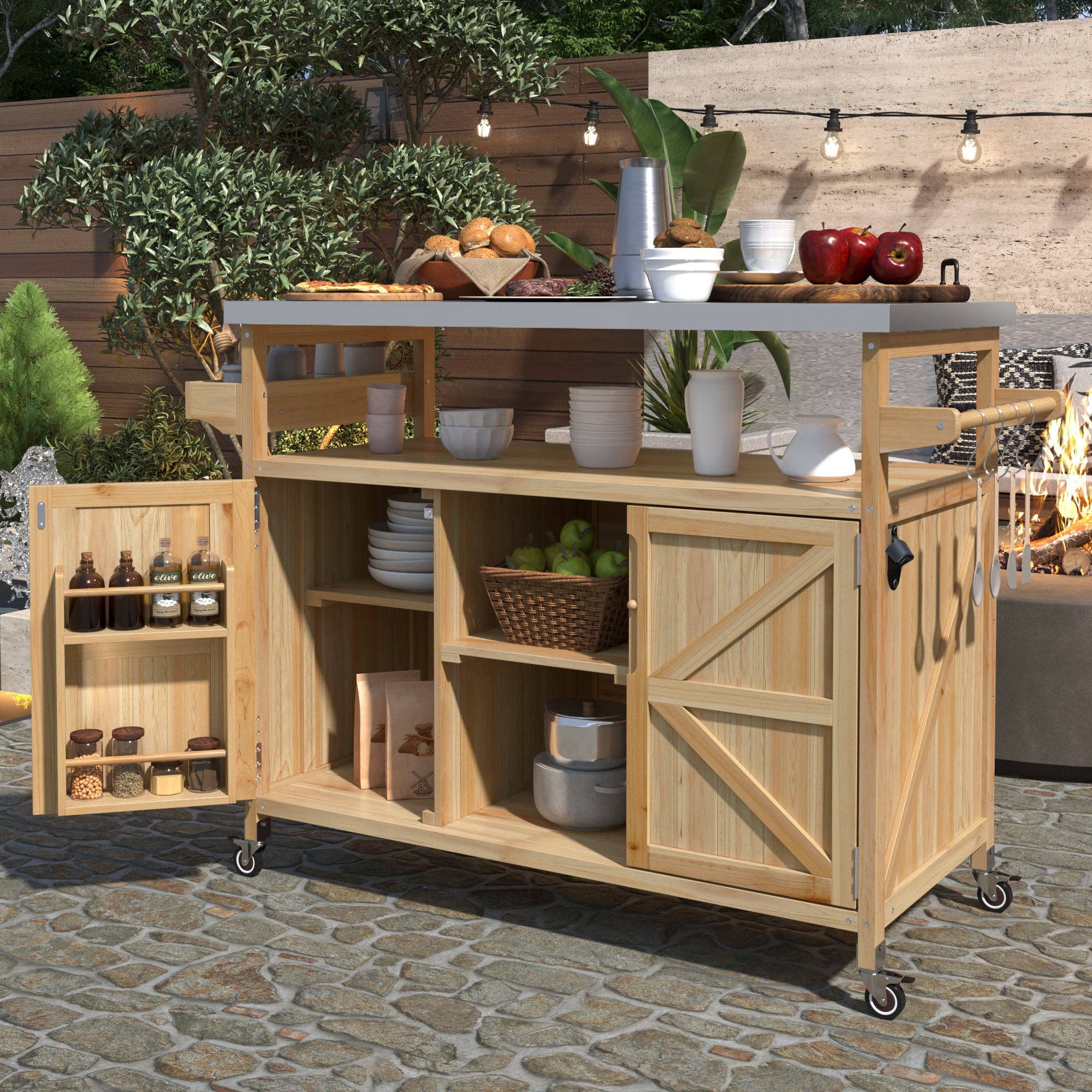 39F Inc. - Wholesale Outdoor Ornament/Decor - Outdoor Kitchen Island,Farmhouse Solid Wood Rolling Cart57