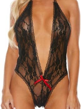 Black Open Front Lace Teddy (BOXED) for wholesale by Popsi Lingerie