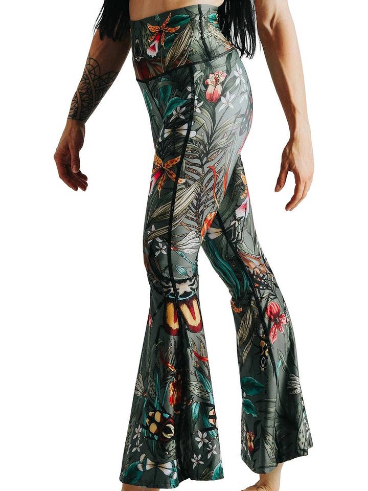 Green Thumb Printed Bell Bottoms for wholesale by Yoga Democracy