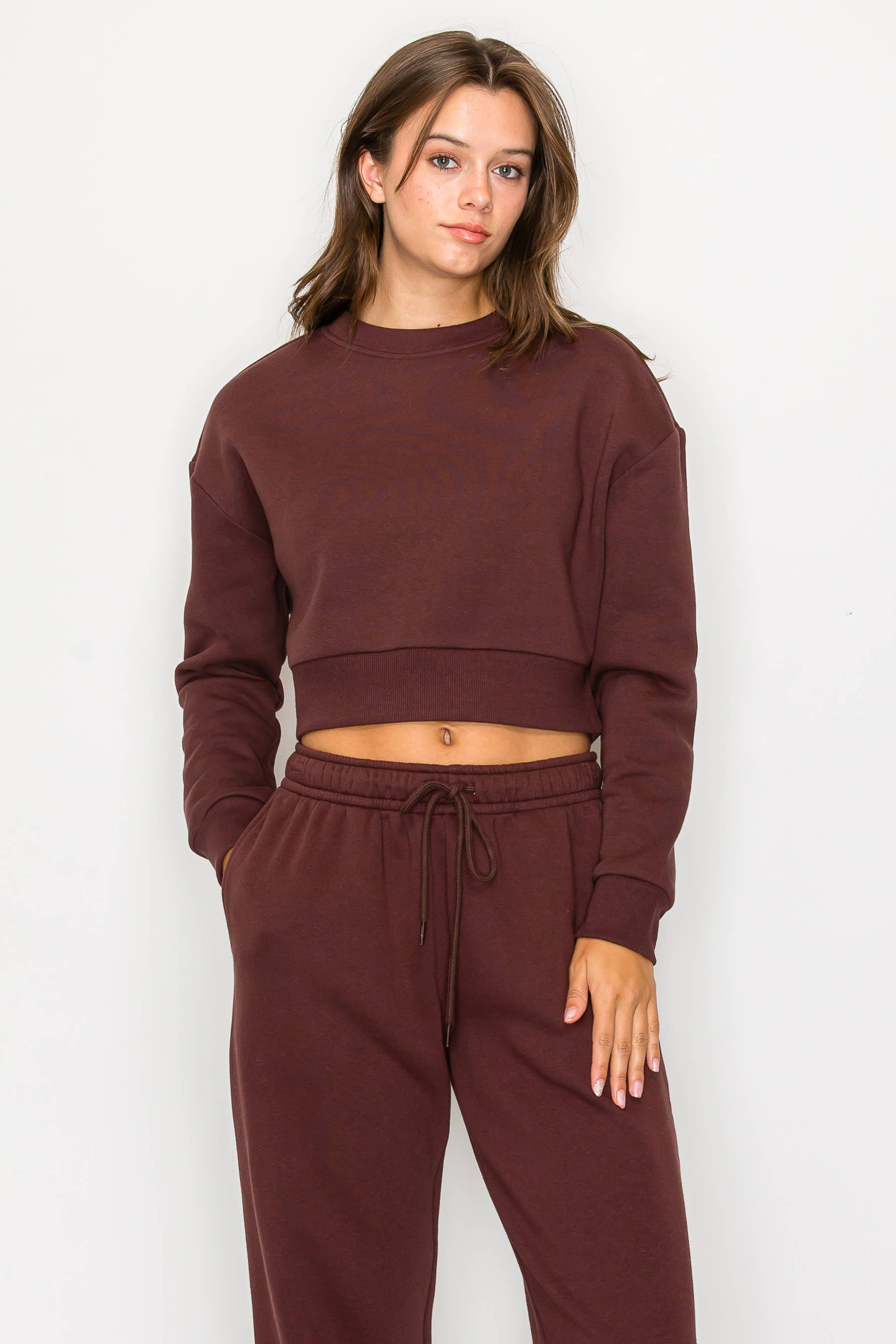 Color 5 - Wholesale Sweatshirt - Women's - Solid color fleece lined cropped basic pull over sweatshirt 3