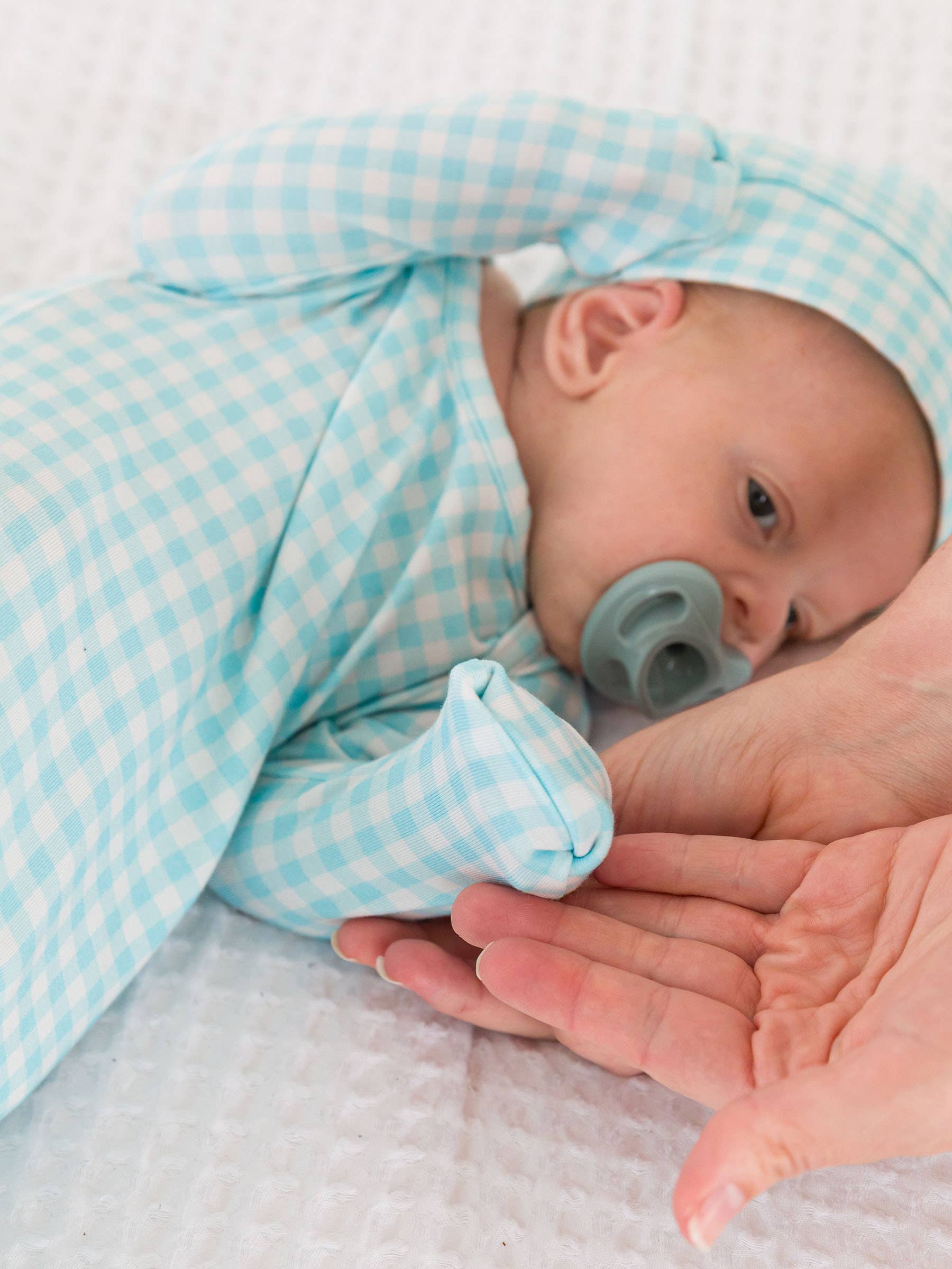 SoftSnooze™ Baby Cotton Modal Blue Breeze Gingham Knotted Sleep Gown & Hat Set for wholesale on Faire8