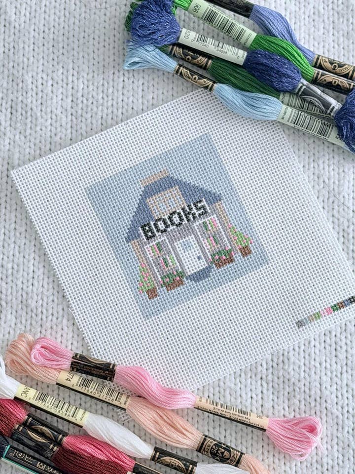 Mini Bookshop HandPainted Needlepoint Canvas on 18 Mesh for wholesale by Lets Stitch Studio