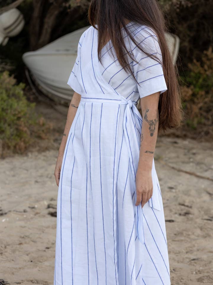 Vestido Amalifi Wrap - Riscas Azul e Branco por atacado de Marisol