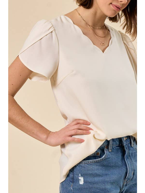 Doe and Rae – Blusa - Mulher por atacado – Manga Tulipa Scallop Neck - 41043T3