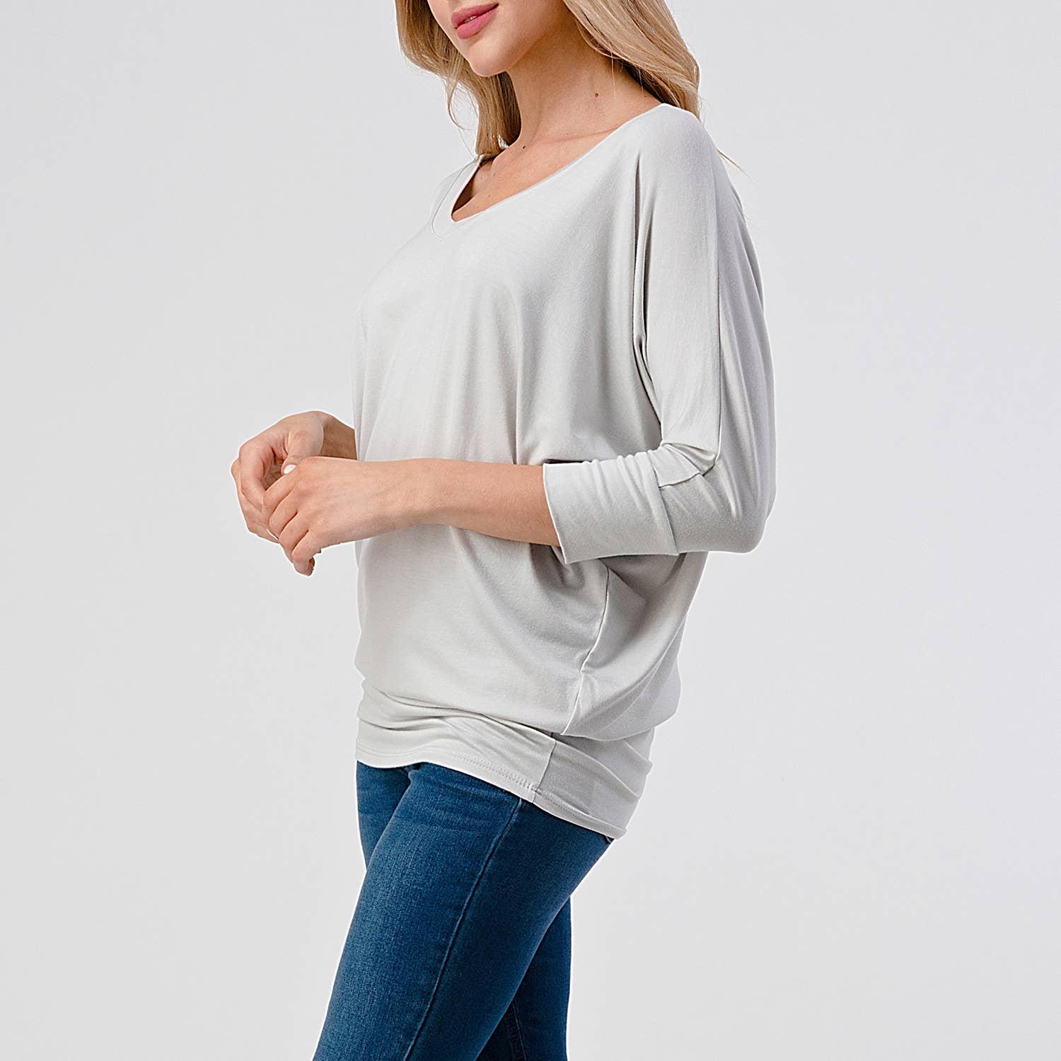 Heimious - Wholesale Knit Top - Women's - 3/4 Dolman Sleeve V-neck Modal Jersey Top, 257337