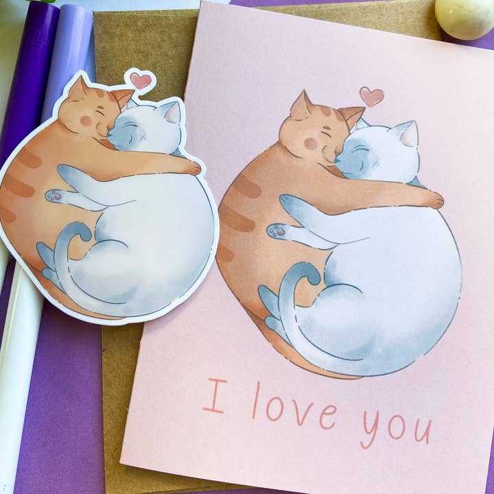 Cartão Abraçando Gatos Eu Te Amo | Cartão de Aniversário por atacado de MoonKittyCo