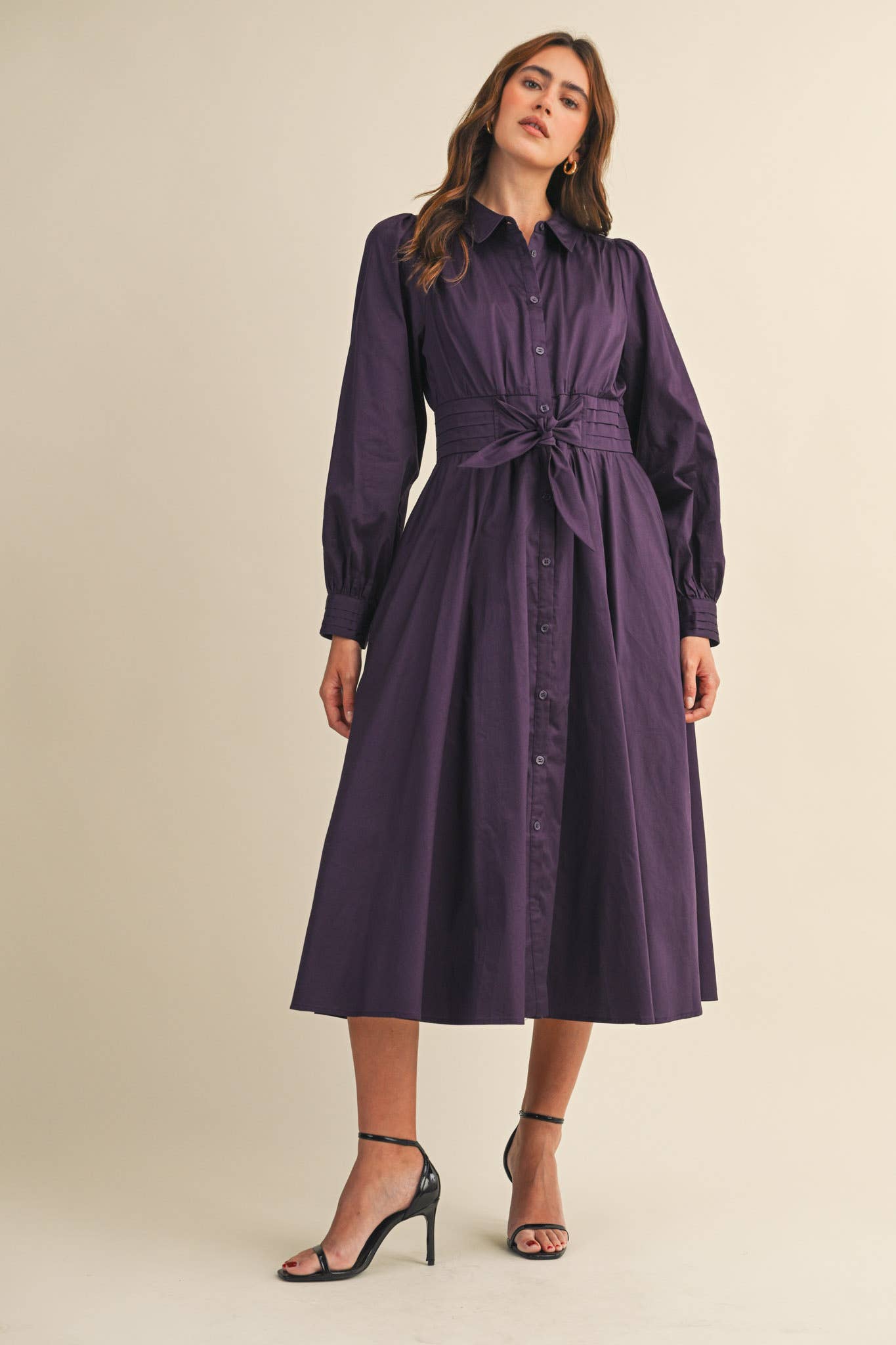 &MERCI - Wholesale Dress - Women's - PINTUCK WAIST TIE FRONT MIDI DRESS MDR42196