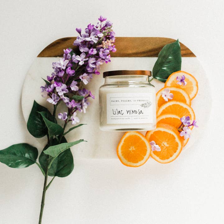 Lilac Mimosa Soy Candle for wholesale by Palms, Psalms, & Prosecco