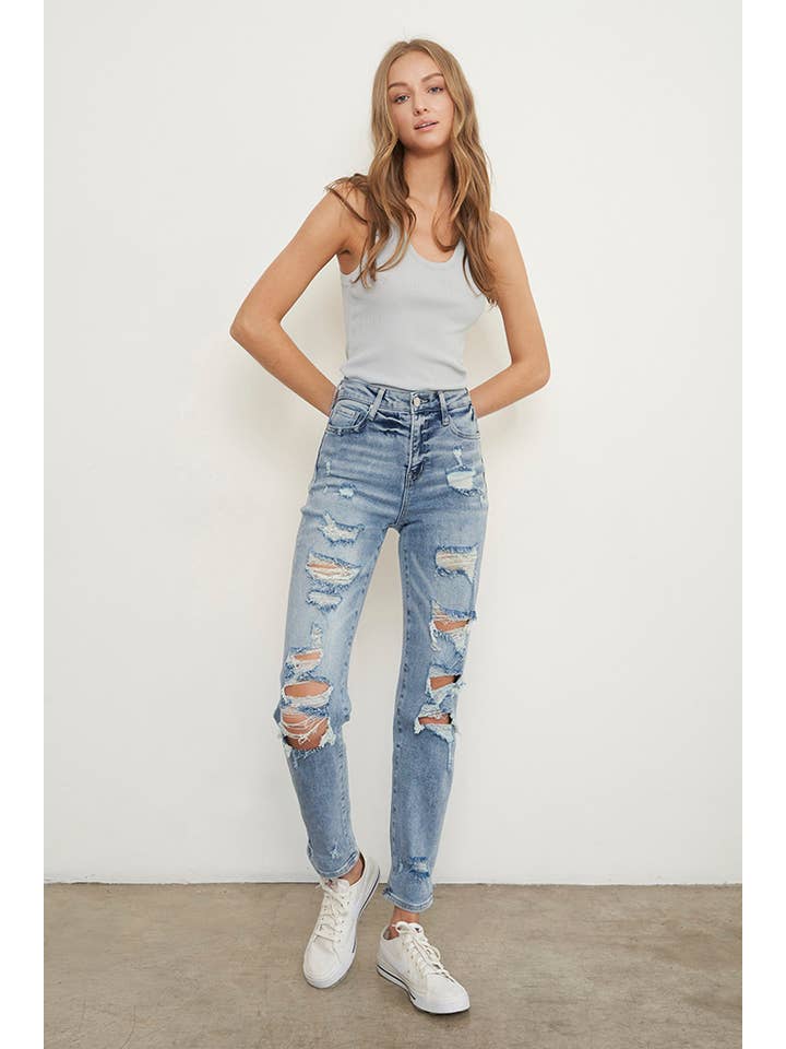 Insane Gene USA - Vendita all'ingrosso Jeans - Donna - Jeans alla caviglia girlfriend a vita media strappati - Lavaggio chiaro