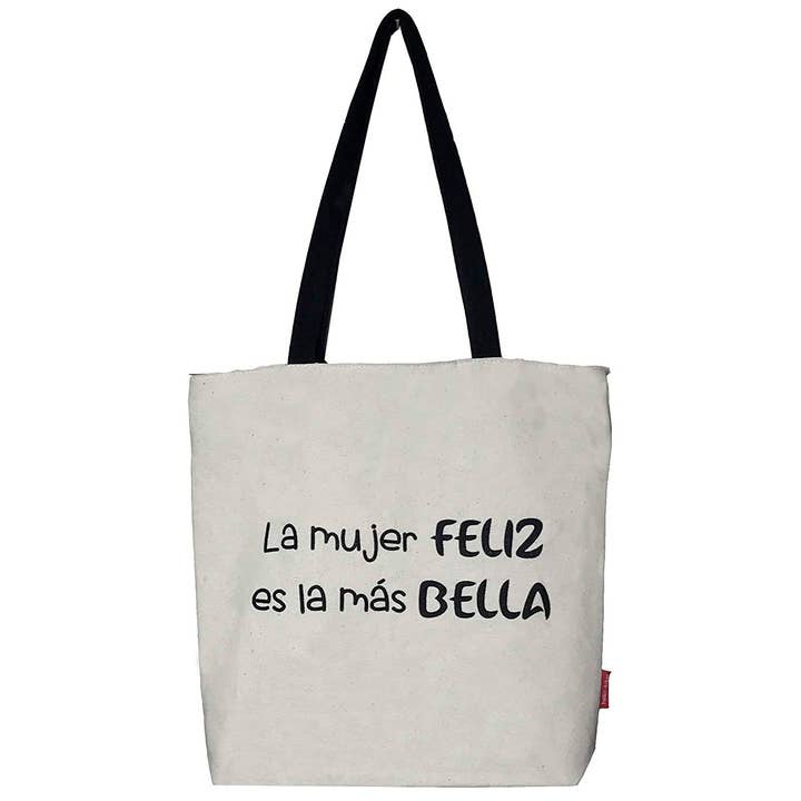 TOTE BAG (SAC EN TISSU) « LA FEMME HEUREUSE EST LA PLUS BELLE » pour la vente par hello-bags