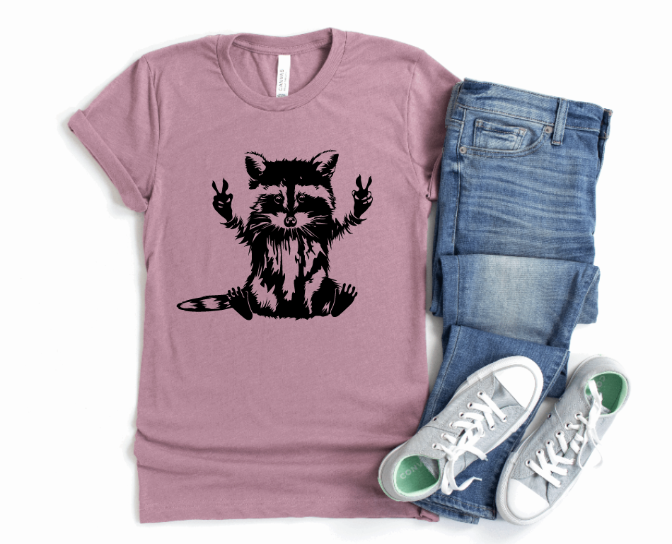 Tron Tron Graphic Wear – wholesale Screen printed t-shirt – Women′s – Peace Loving Raccoon Tee 5