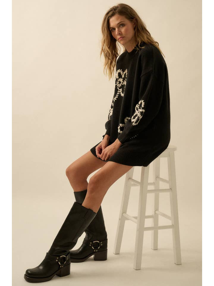 Promesa USA - Wholesale Dress - Women's - Floral Embroidered Mock-Neck Mini Sweater Dress4