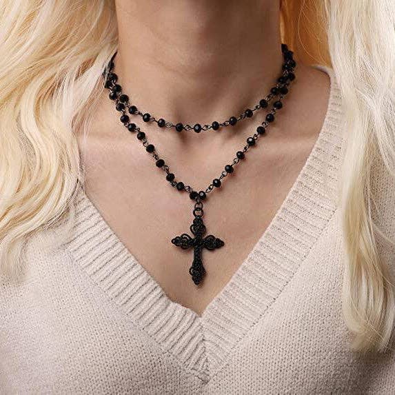 Black Women Gothic Exaggerated Cross Beads Pendant Necklace for wholesale on Faire1