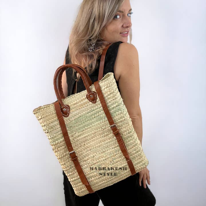 MARRAKESH STYLE - Venta al por mayor Mochila - Mujer - Mochila de paja con cuero, mochila del mercado francés