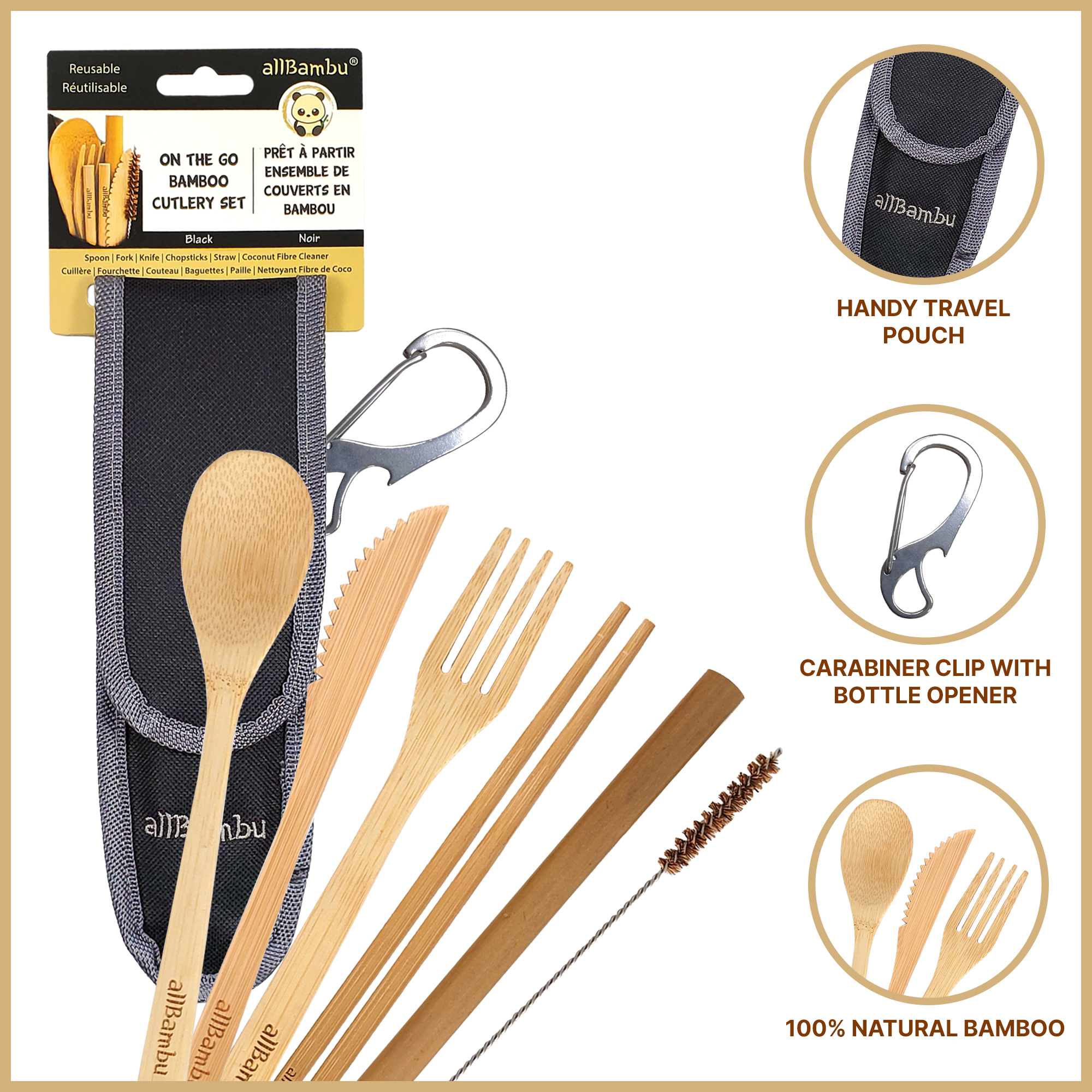 allBambu Inc - Wholesale Travel Utensil Set - Bamboo Reusable Travel Cutlery Set with Handy Carabiner 7pcs4