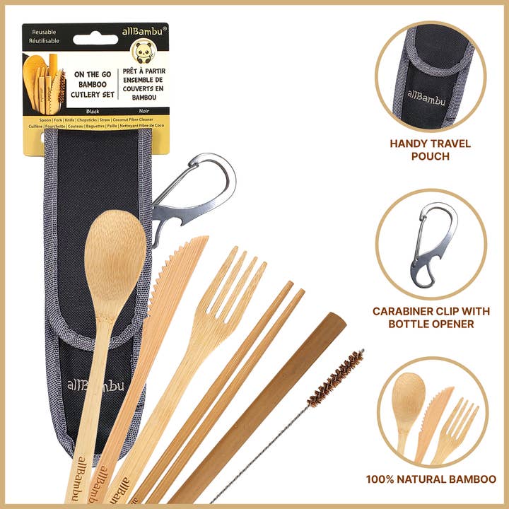 allBambu Inc - Wholesale Travel utensil set - Bamboo Reusable Travel Cutlery Set with Handy Carabiner 7pcs4