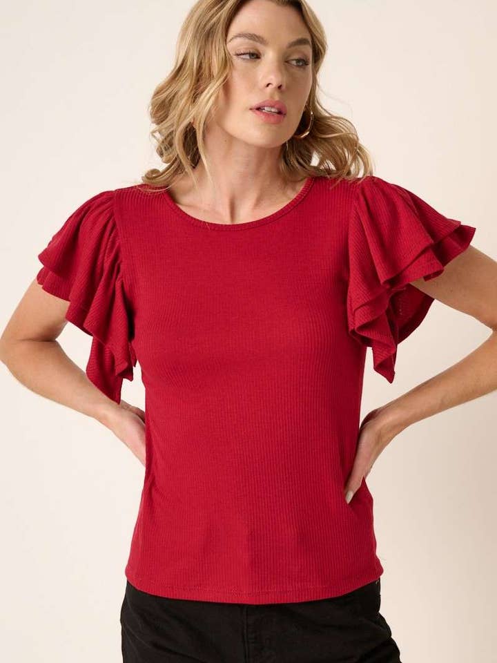 T10416-RIB KNIT RUFFLE SHORT SLEEVE TOP for wholesale by mittoshop