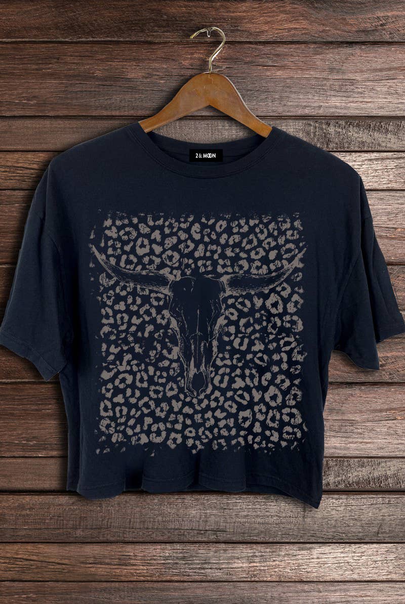 2&moon - Wholesale Screen Printed T-Shirt - Women's - Giving Leopard Pattern Cow Western Theme Crop Tee  3