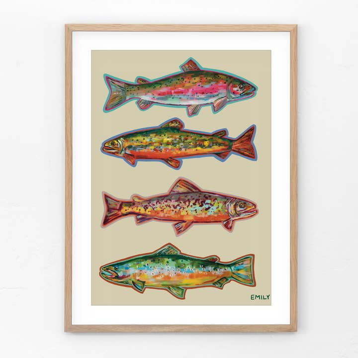 Stampa a forma di trota (sfondo giallo) per la vendita all'ingrosso da parte di Emily Miquelon Art