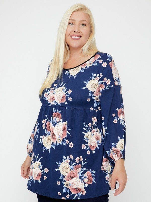 Plus Size Floral, Bubble Sleeve Tunic for wholesale by CC Wholesale Clothing