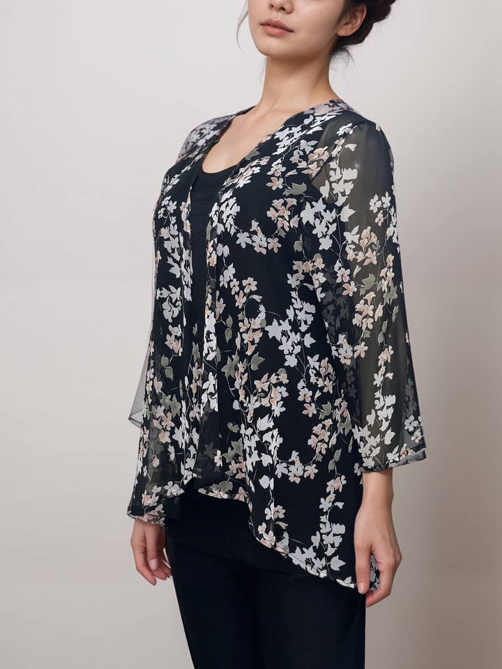 Casual & Co. – wholesale Kofta - Dam – Blommig Genomskinlig Kofta - Svart med Mjuka Pastellblommor