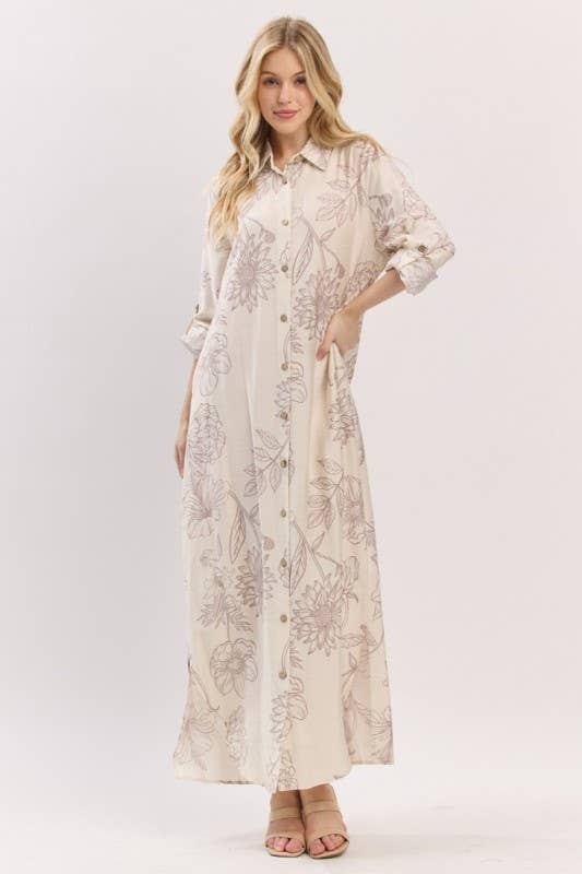 Pink Irene Wholesale - Wholesale Dress - Women's - Women Woven Floral Print Button-Down Maxi Dress1