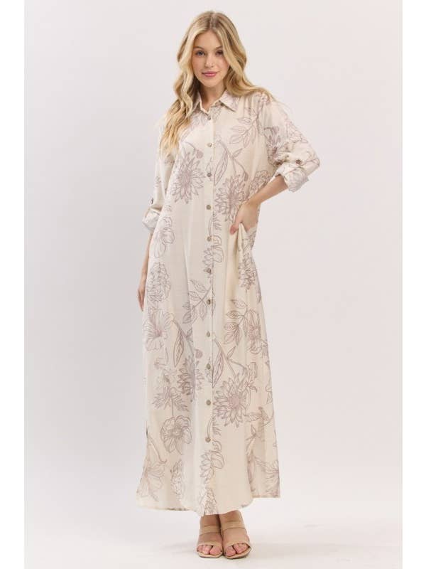 Pink Irene Wholesale - Wholesale Dress - Women's - Women Woven Floral Print Button-Down Maxi Dress1