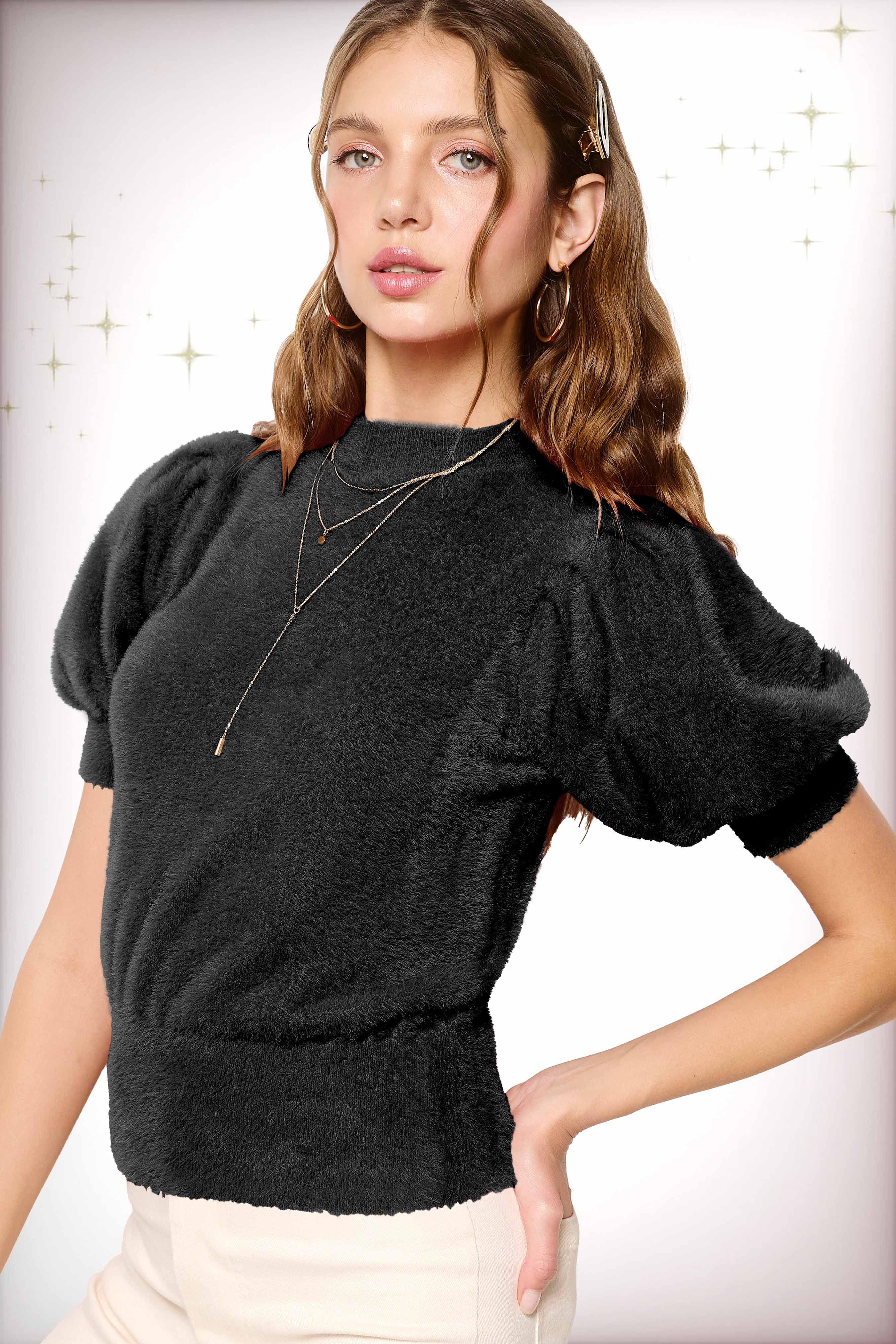 La Miel - Wholesale Blouse - Women's - JCS3554-Soft Mohair Puff Short Sleeve Knit Top12