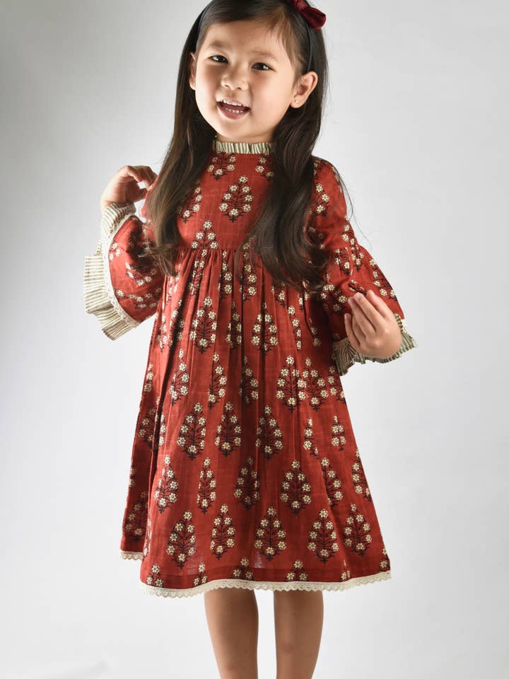 Maroon Dress with Pin Stripe Detail on Sleeve and Neck for wholesale by Yo Baby