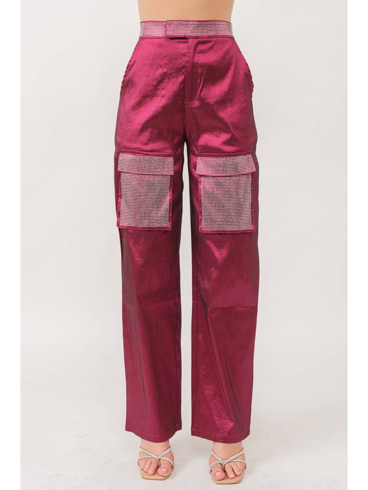 KIWI - Wholesale Pants - Women's - IP2890 Stretch Metallic Rhinestone Cargo Pants