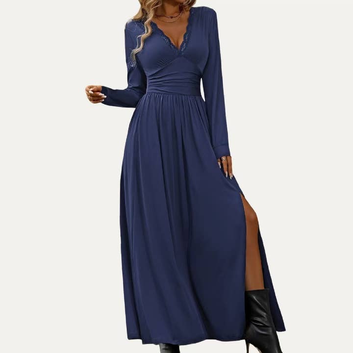 The Moment Collection - Wholesale Dress - Women's - Solid Soft Stretchy Plunging Neck Long Sleeve Maxi Dress6