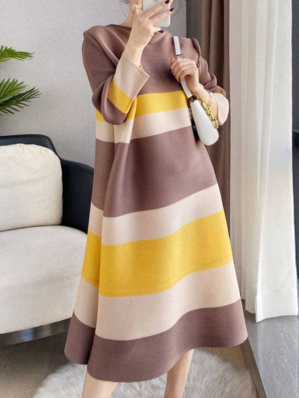 Sheer Trend - Wholesale Dress - Women's - A-Line Loose Striped Round-Neck Midi Dresses1