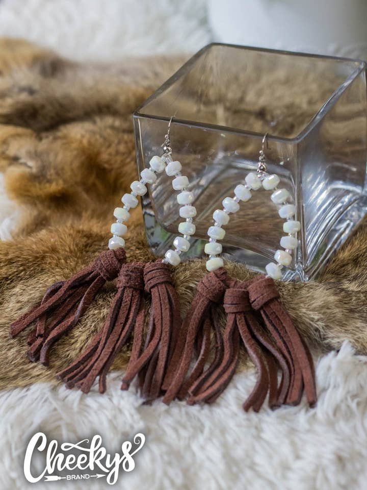 Willa Leather Tassel Earrings with White Beads and tassels for wholesale by Cheekys Brand